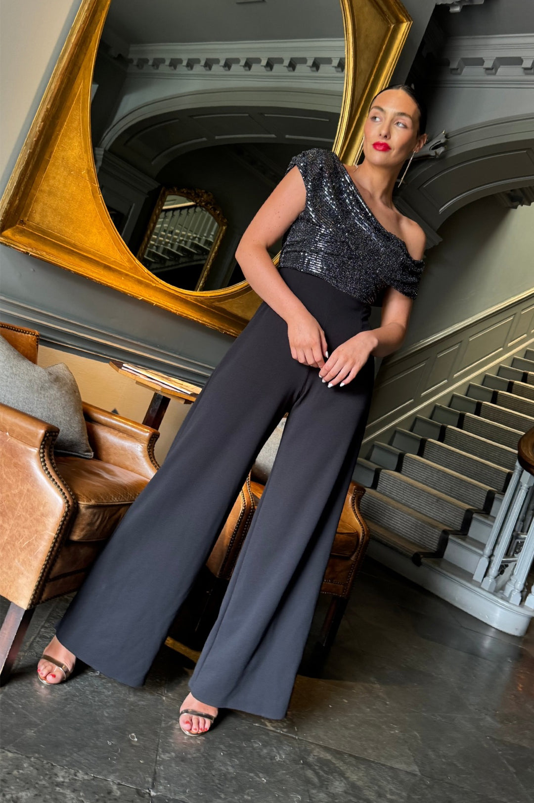 Venice jumpsuit in black & gunmetal sequin