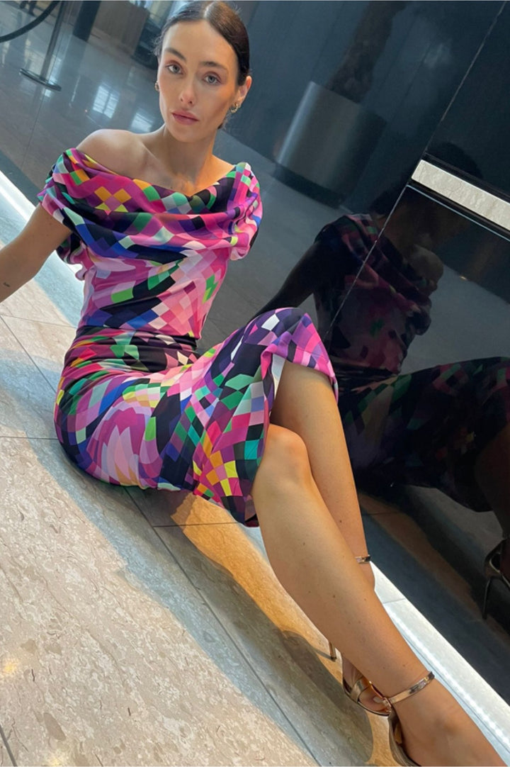 Janus dress in multicolour pixel print