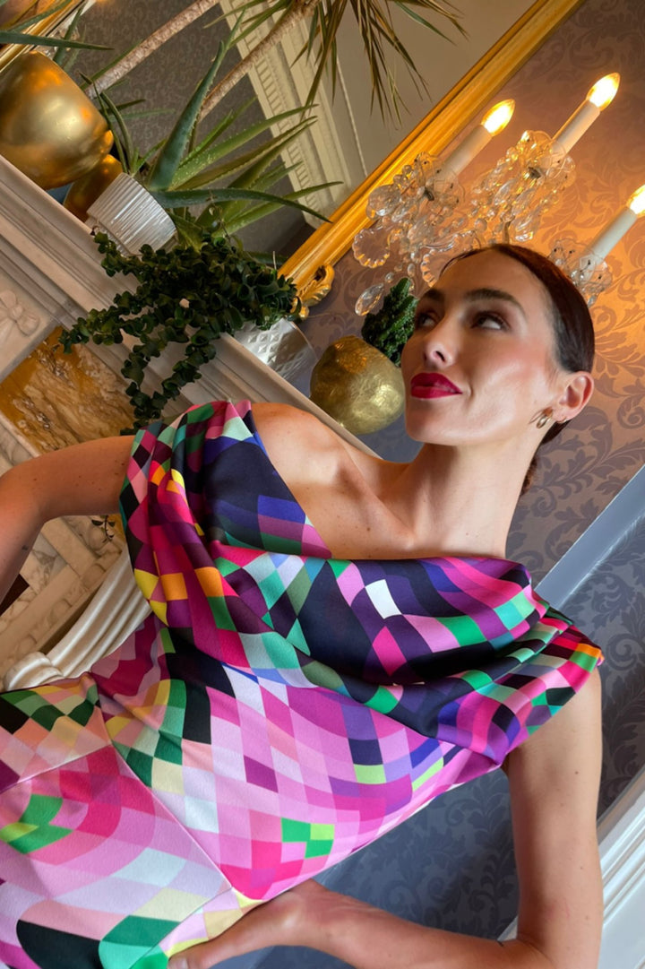 Janus dress in multicolour pixel print