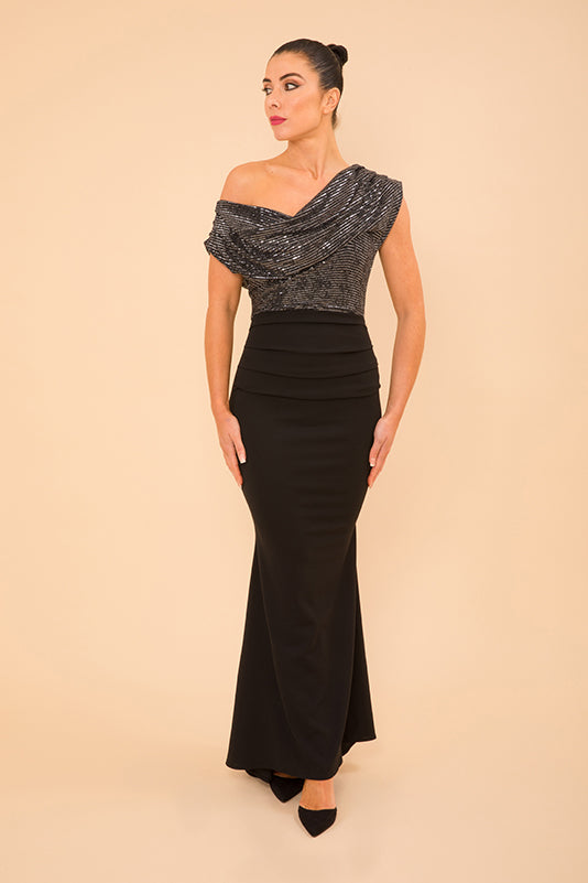 Nitrogen gown in black & gunmetal sequin sparkle