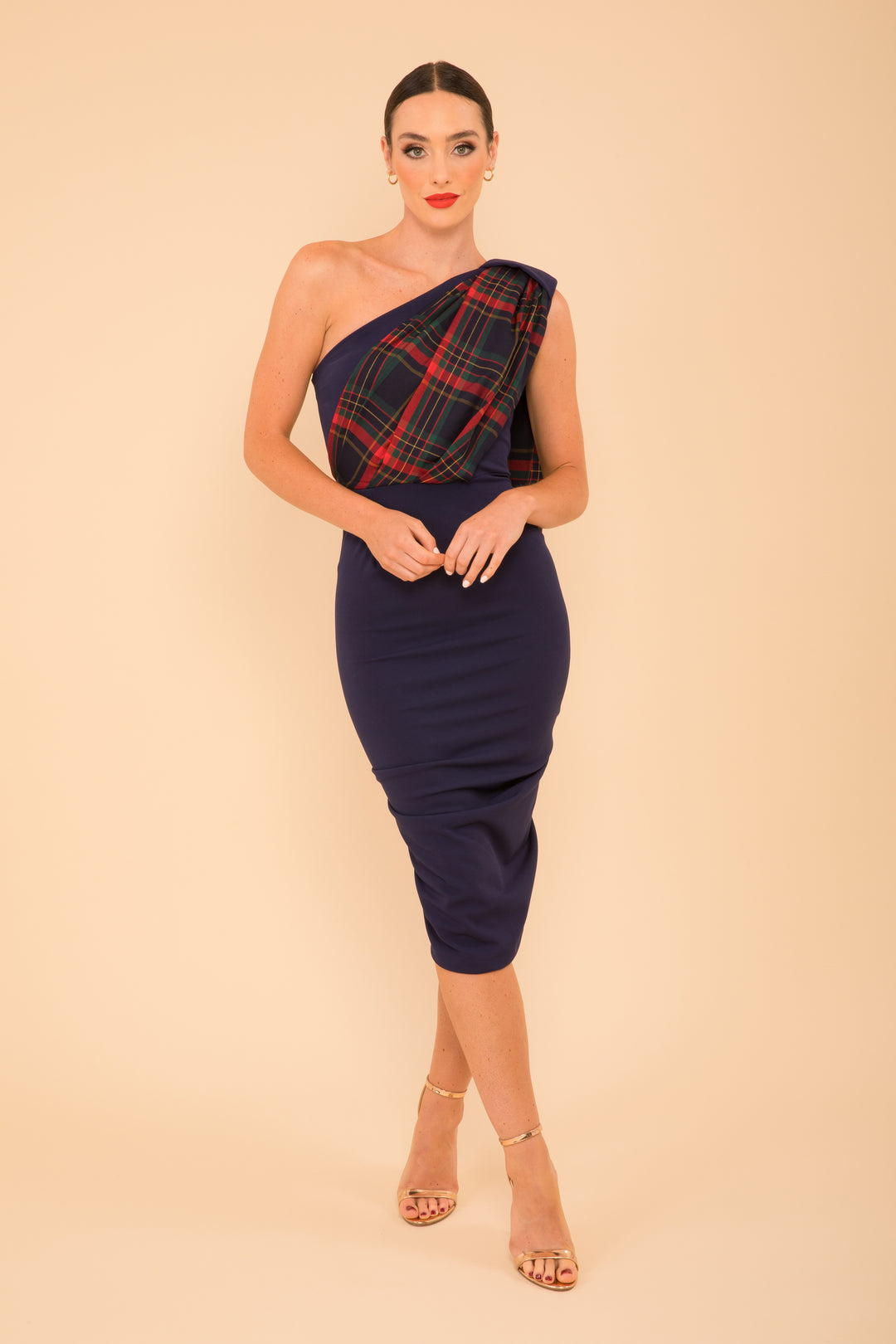 ZIRCONIUM Crepe Dress - Navy & Tartan