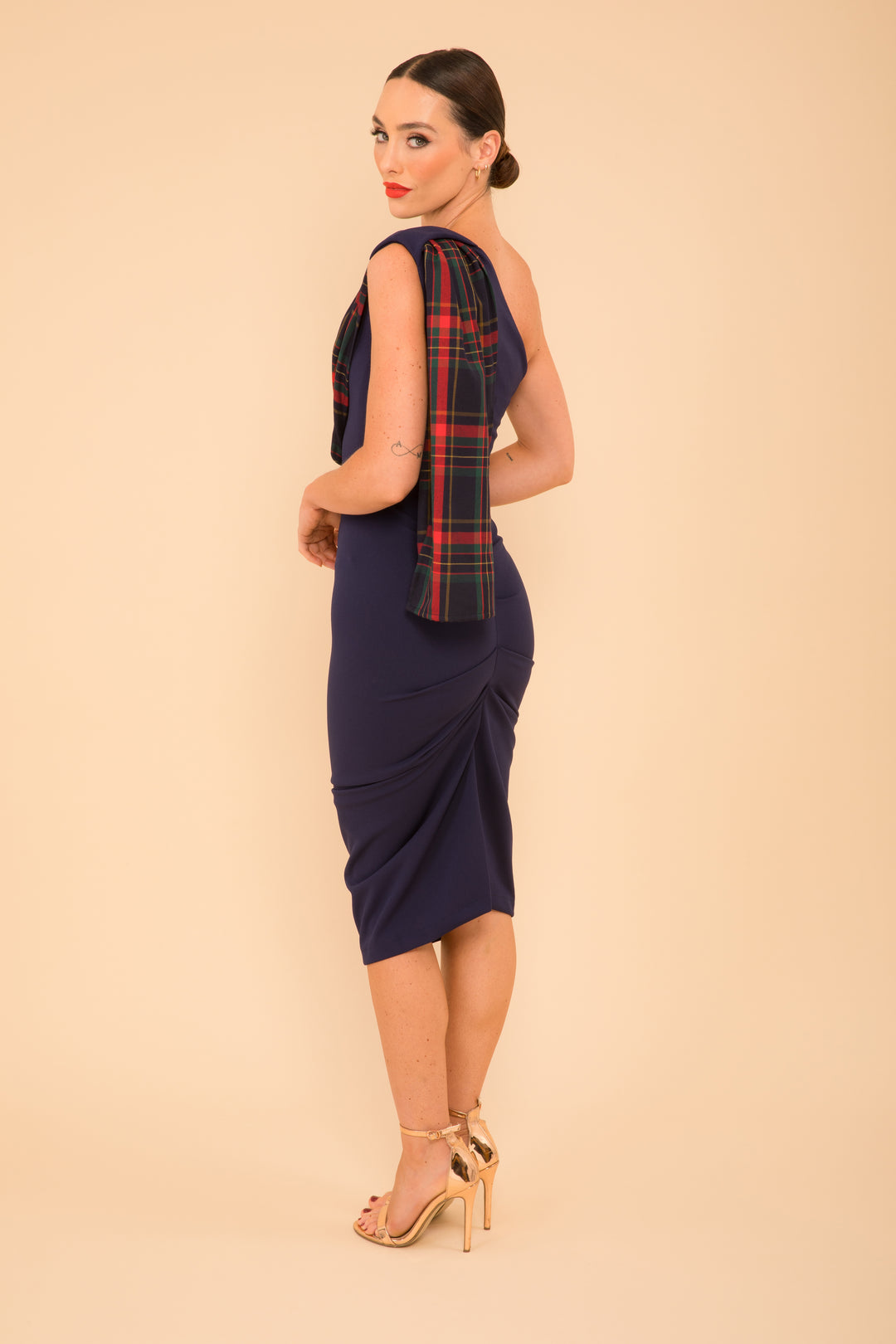 ZIRCONIUM Crepe Dress - Navy & Tartan