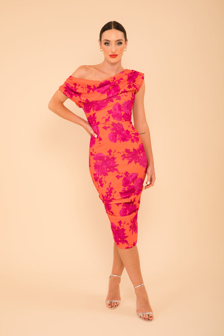 ATOM LABEL janus dress in orange & fuchsia print