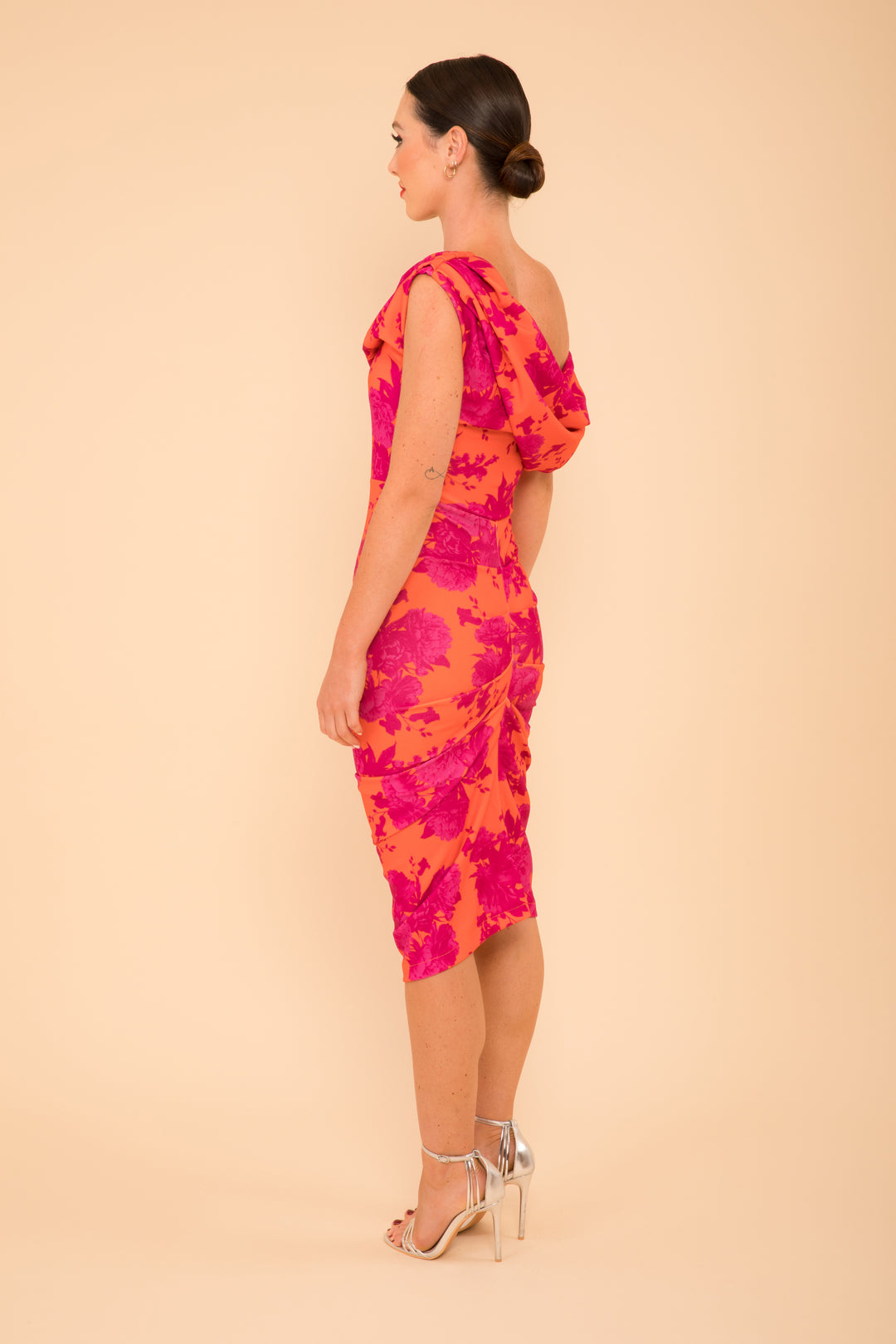 ATOM LABEL janus dress in orange & fuchsia print