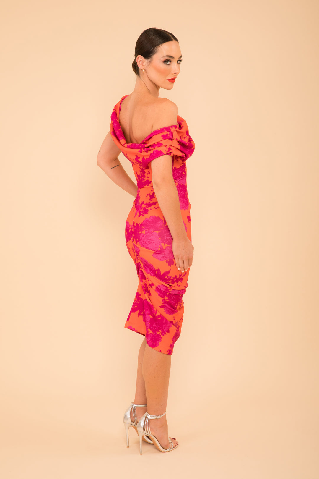 ATOM LABEL janus dress in orange & fuchsia print