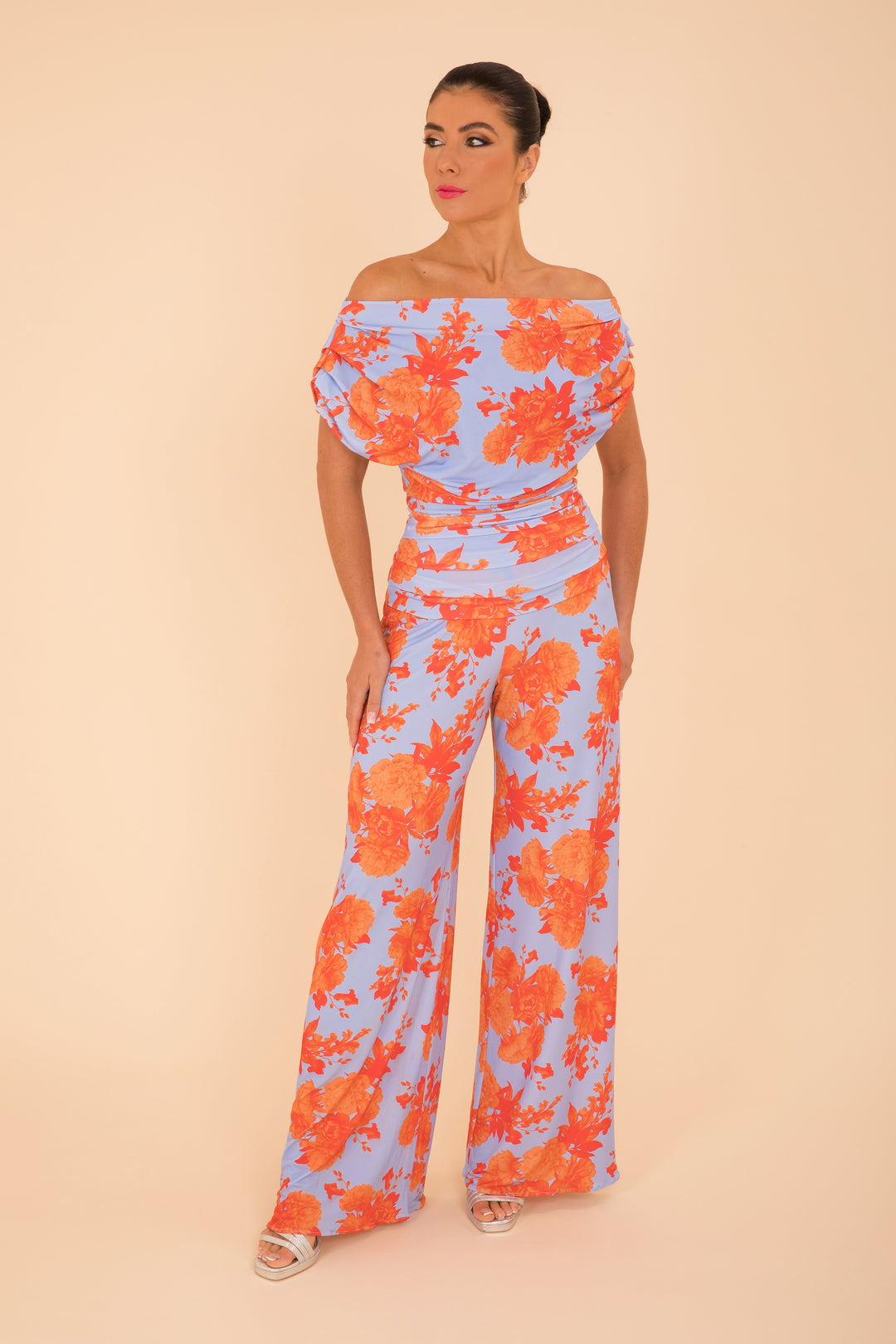 Carbon jumpsuit in powder blue & orange floral