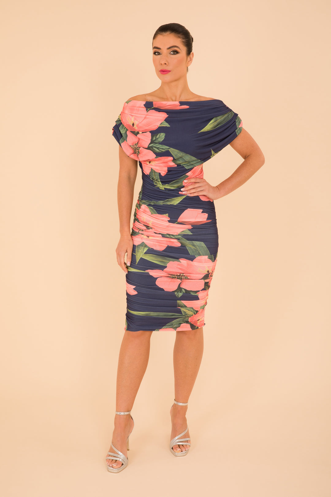 Oxygen dress in navy & coral floral