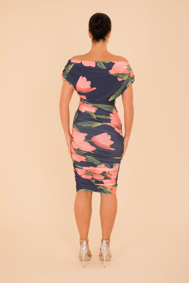 Oxygen dress in navy & coral floral