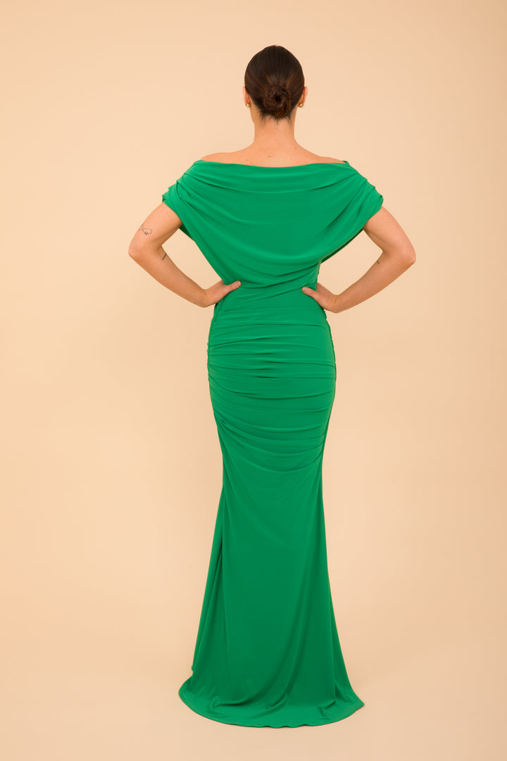 Platinum gown in emerald green